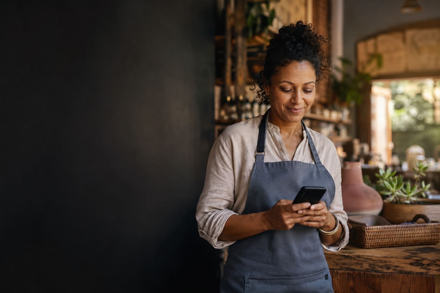 A café owner in an apron smiling at her phone while managing her staff